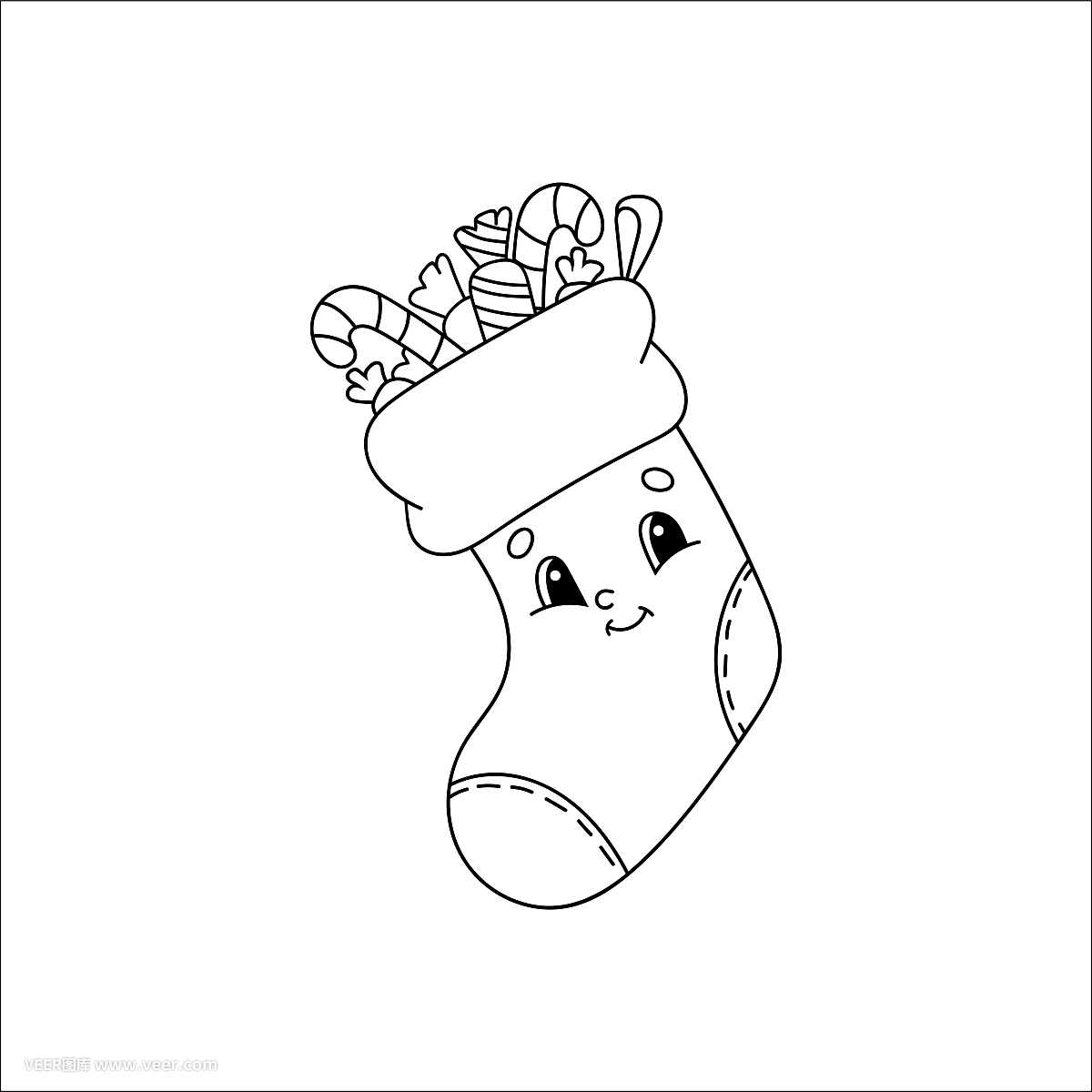 裝有禮物的圣誕襪。兒童涂色書。開朗的性格。矢量插圖?？蓯鄣目ㄍL格。兒童幻想頁面。黑色的輪廓剪影。孤立在白色背景上。